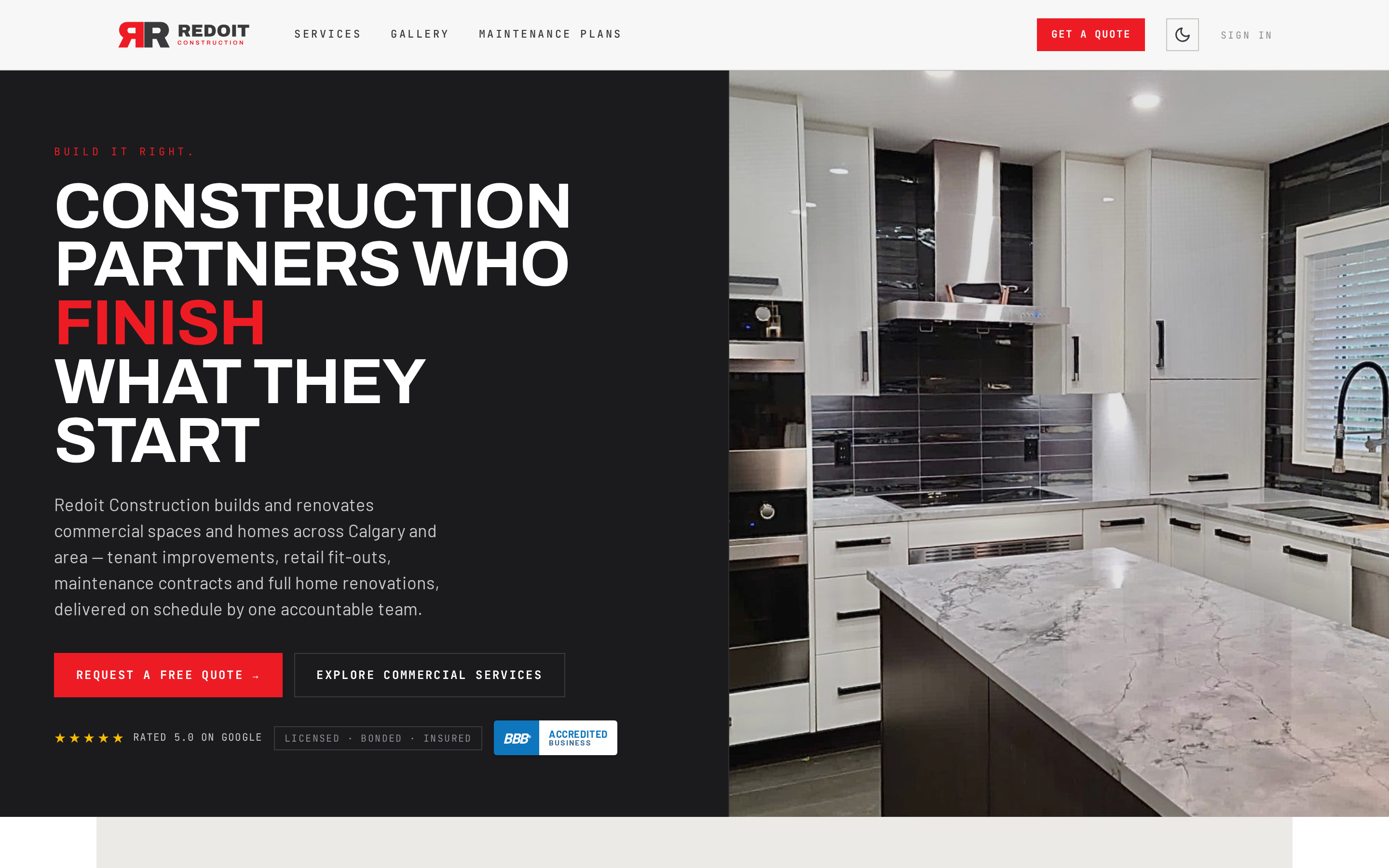Redoit Construction homepage — "construction partners who finish what they start" over a renovated marble kitchen